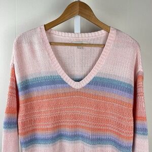 Ann Taylor LOFT V-Neck Sweater Womens Small‎ Pink Pastel Multi Stripe Pullover